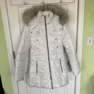 Guess White Long Winter Jacket Coat with Fur Hood